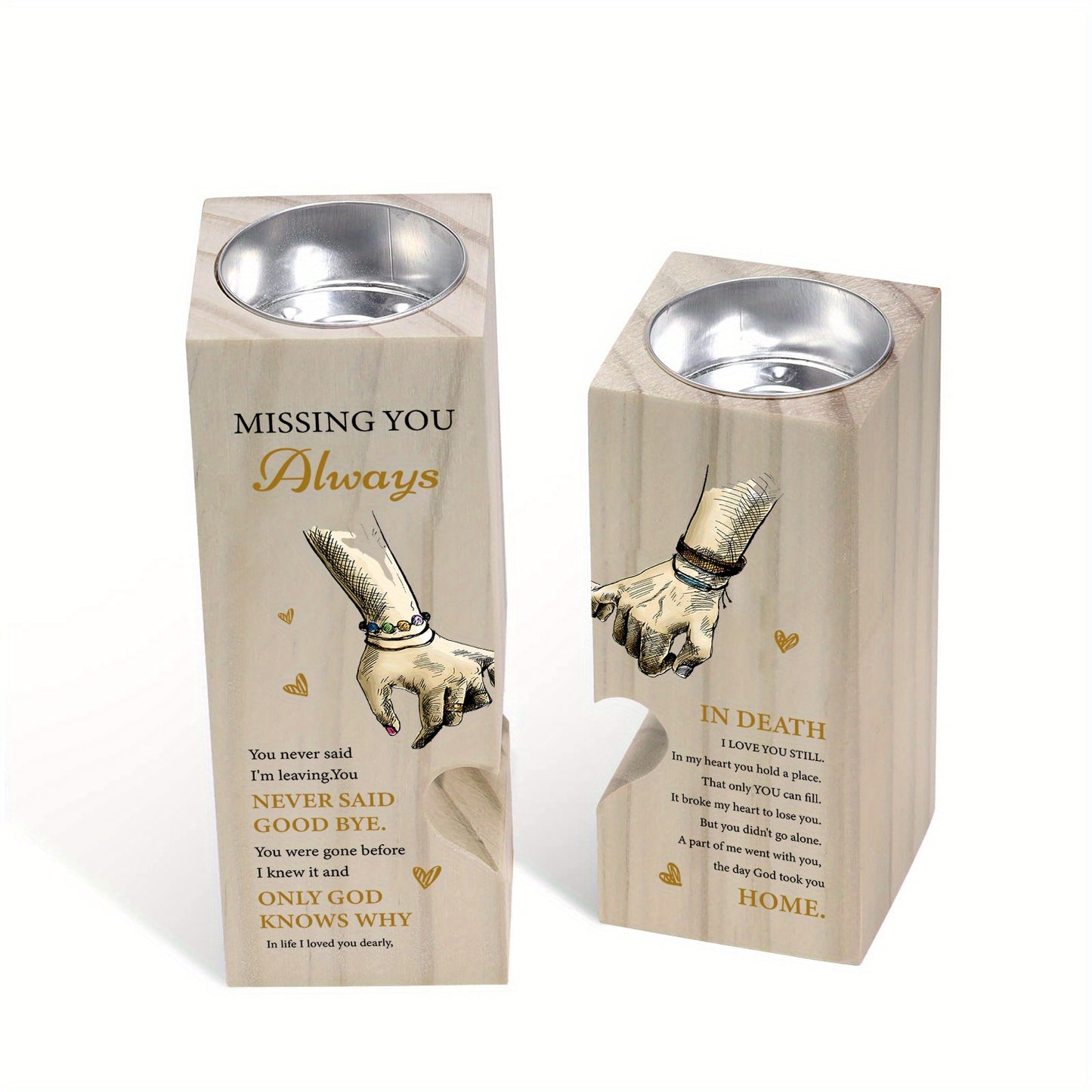 2pcs/set Heart Wooden Candle Holder, Printing Candle Holders Gifts, Missing You Always Wooden Candle Holders, Funeral Mourning Decorative, Memorial Gifts (Candles Are Not Included)