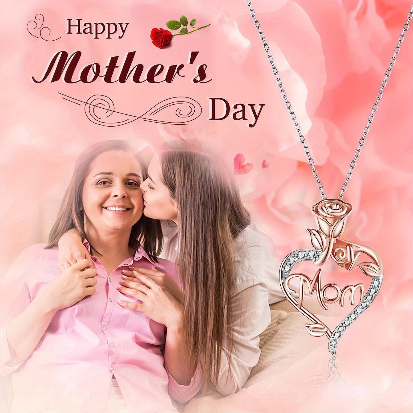 Simple Mother's Day Heart-Shaped Engraved Rose MOM Letter Pendant Necklace Clavicle Chain For Mom Gift