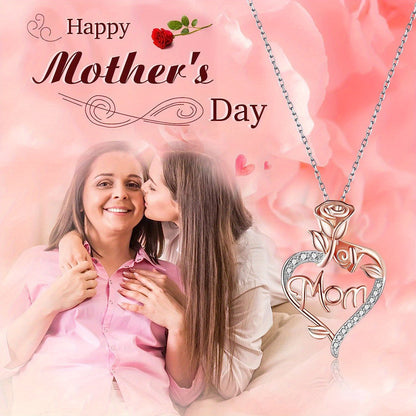 Simple Mother's Day Heart-Shaped Engraved Rose MOM Letter Pendant Necklace Clavicle Chain For Mom Gift