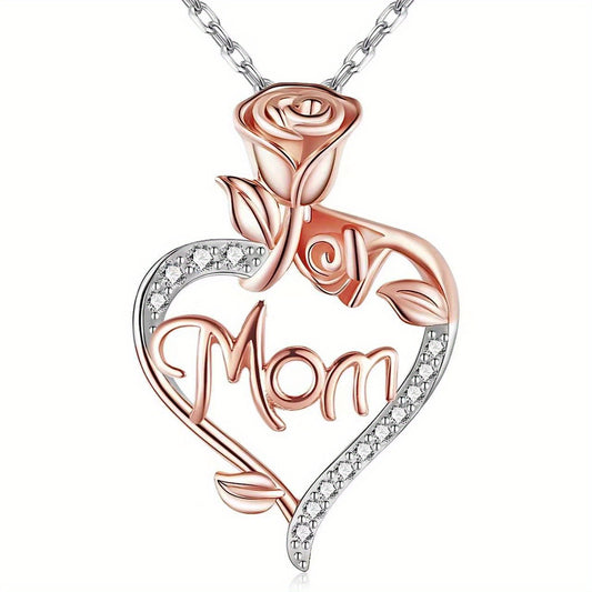 Simple Mother's Day Heart-Shaped Engraved Rose MOM Letter Pendant Necklace Clavicle Chain For Mom Gift