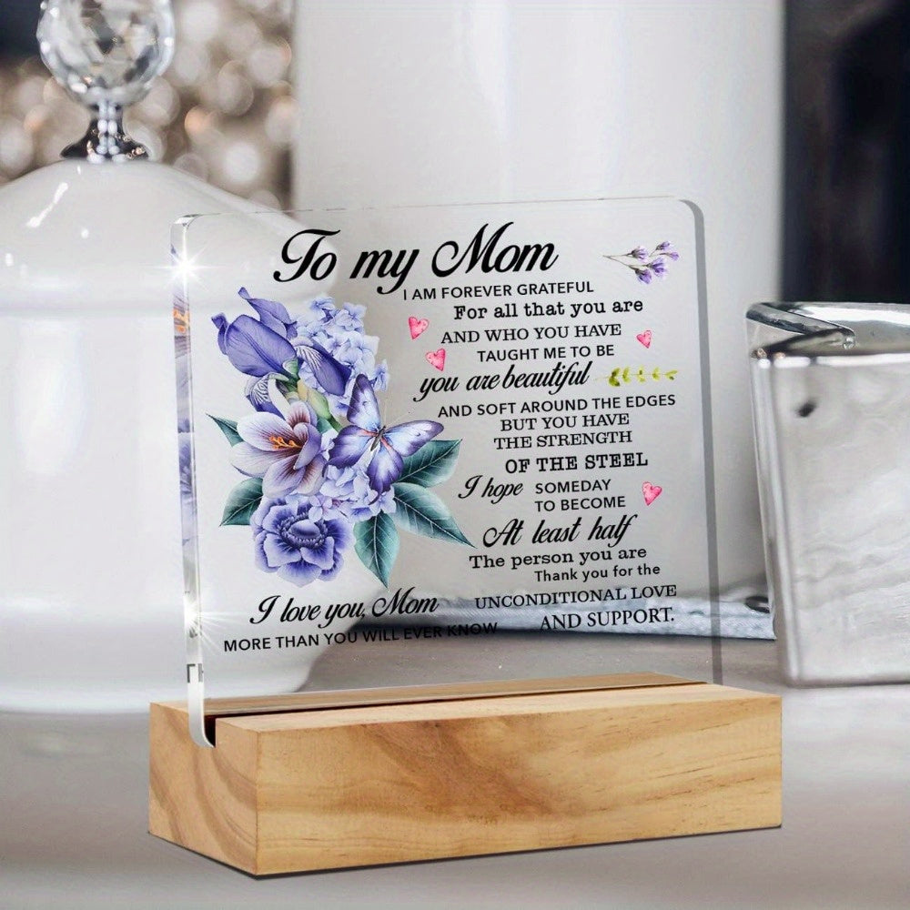 1pc, Mom Gift From Daughter Son, Beautiful I Love You Mom More Than Desk Decor Floral Butterflies Mom Acrylic Desk Plaque Sign With Wood Stand Home Office Desk Sign Keepsake