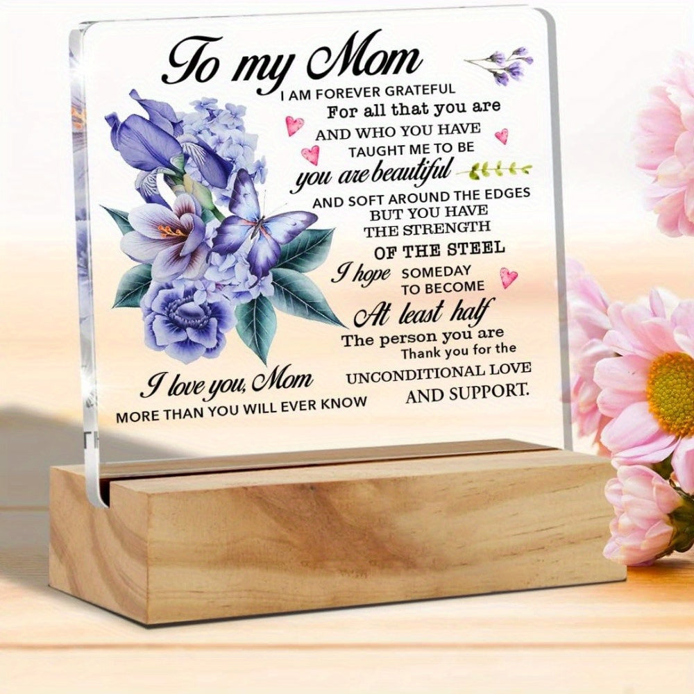 1pc, Mom Gift From Daughter Son, Beautiful I Love You Mom More Than Desk Decor Floral Butterflies Mom Acrylic Desk Plaque Sign With Wood Stand Home Office Desk Sign Keepsake