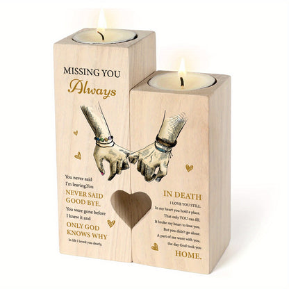 2pcs/set Heart Wooden Candle Holder, Printing Candle Holders Gifts, Missing You Always Wooden Candle Holders, Funeral Mourning Decorative, Memorial Gifts (Candles Are Not Included)