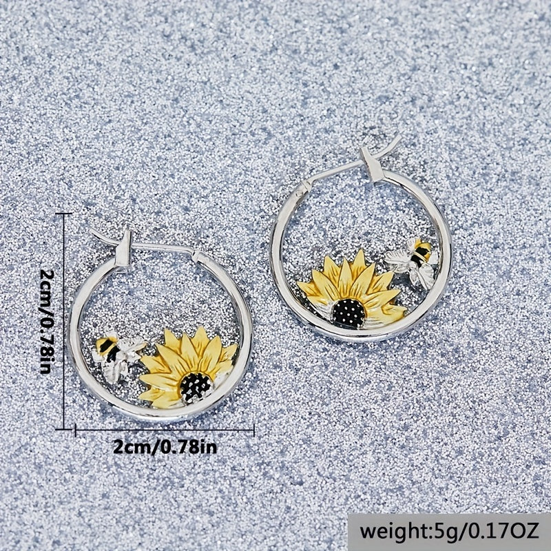 Exquisite Sunflower & Bee Decor Hoop Earrings Retro Bohemian Style Alloy Jewelry Adorable Gift For Women Casual Dating Decor