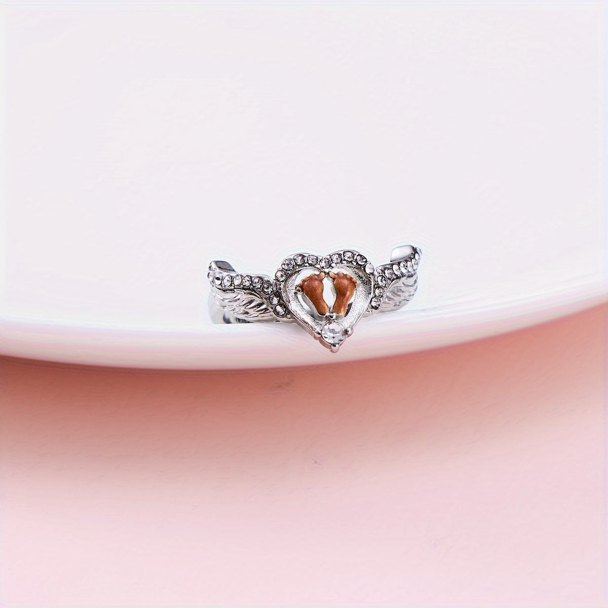 Mommy Of An Angel Heart & Footprints Wings Gemstone Ring, Elegant & Cute Style, Mother's Day Jewelry Gift For Moms