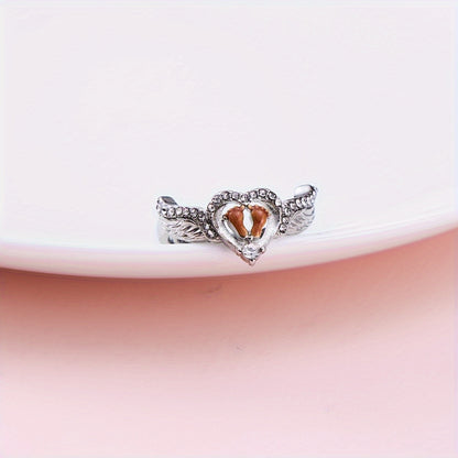 Mommy Of An Angel Heart & Footprints Wings Gemstone Ring, Elegant & Cute Style, Mother's Day Jewelry Gift For Moms