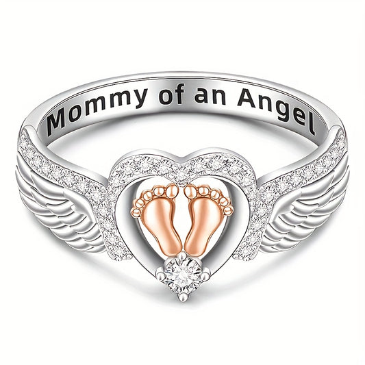 Mommy Of An Angel Heart & Footprints Wings Gemstone Ring, Elegant & Cute Style, Mother's Day Jewelry Gift For Moms