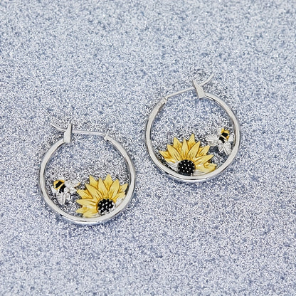 Exquisite Sunflower & Bee Decor Hoop Earrings Retro Bohemian Style Alloy Jewelry Adorable Gift For Women Casual Dating Decor