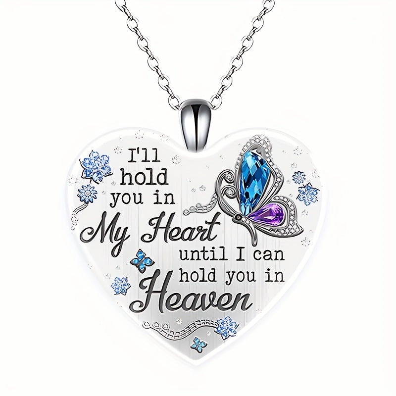 Memorial Necklace Colorful Butterfly & Letter Detail Heart-shaped Pendant Necklace, I'll Hold You In My Heart