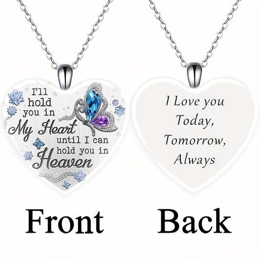 Memorial Necklace Colorful Butterfly & Letter Detail Heart-shaped Pendant Necklace, I'll Hold You In My Heart