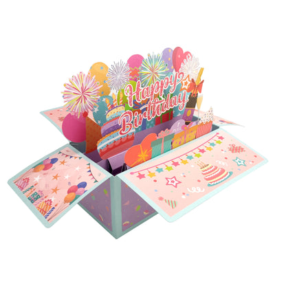 Pop-Up Money Pulling Birthday Greeting Card, Camouflage Pattern with Flowers, Fairy Tale, Balloon Theme, Personalized & Laser Cut Features, Suitable for Anyone's Birthday Celebration - Pink "Happy Birthday" Design