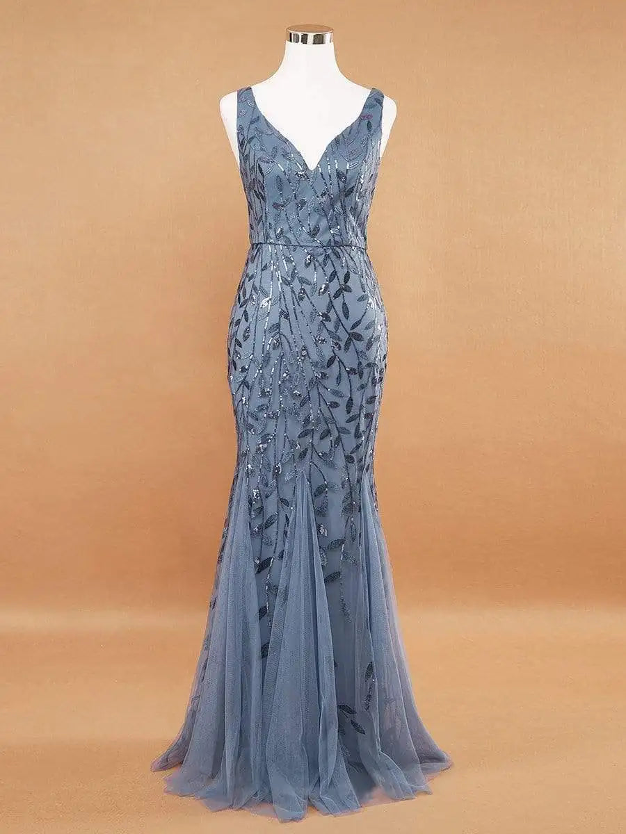 2023 Silver Gray Elegant Fashion Evening Dresses Sexy Simple V Collar Open Back Sleeveless Embroidered Beads Fishtail Dress Gown