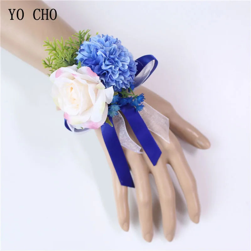 YO CHO Men Boutonniere Bridal Wrist Corsage DIY Silk Rose Bracelet Personal Flower Accessories for Wedding Party Prom Business