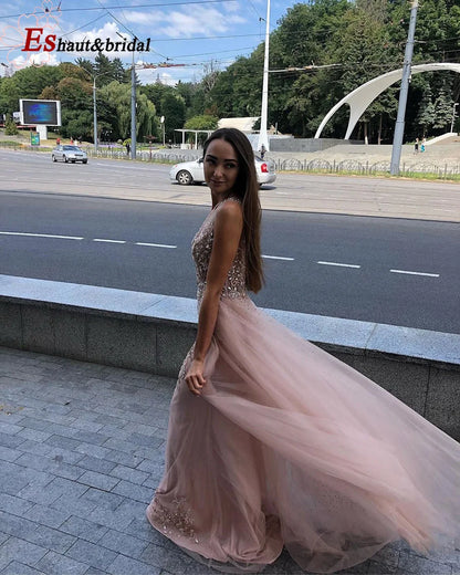 Elegant Mermaid Evening Night Dress for Women 2023 Long Sleeves V Neck Luxury Crystal Tulle Formal Prom Wedding Party Gowns