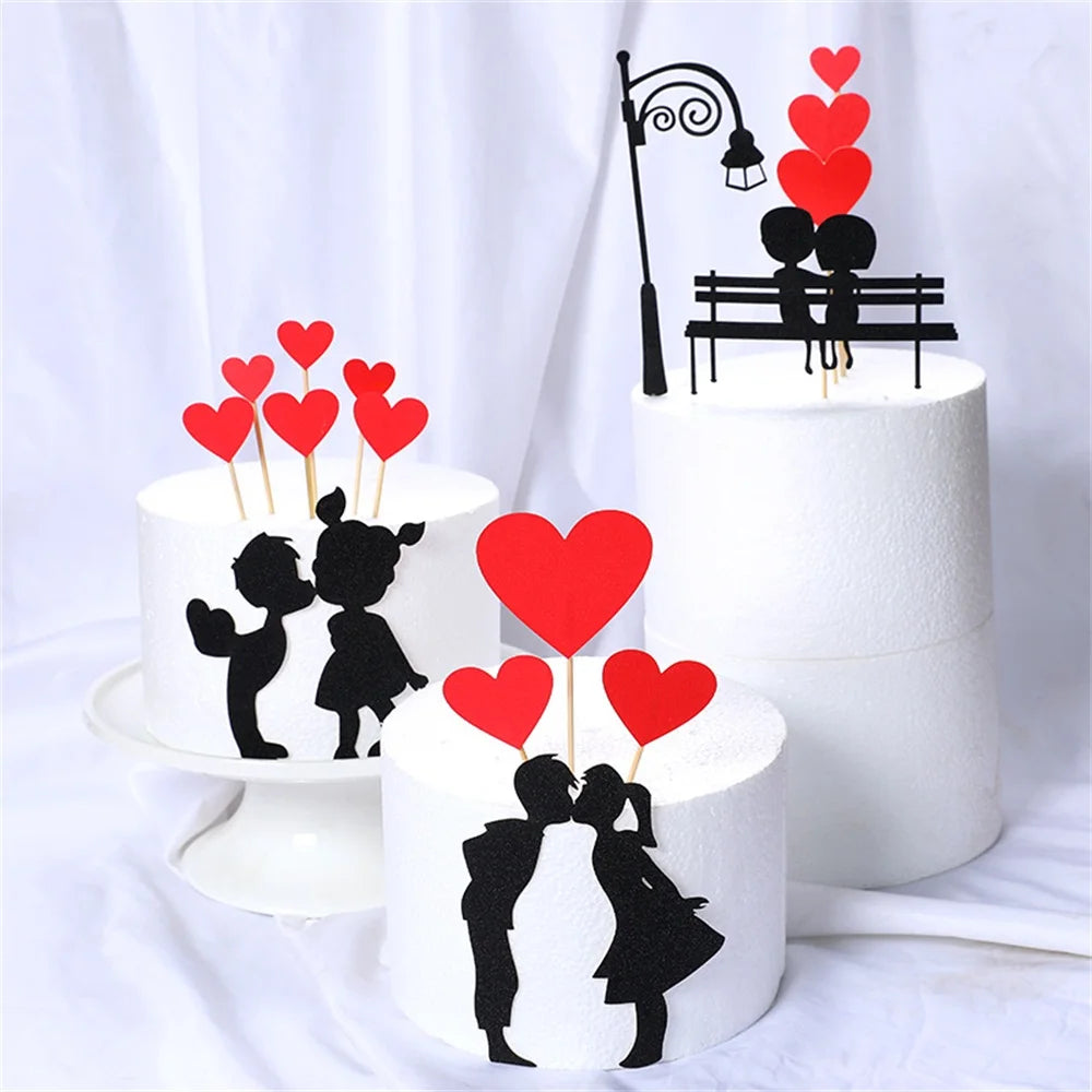 Cartoon Lover Couple Cake Toppers Valentines Day Wedding Party Decorations Cupcake Decors Love Hearts Engagement Gifts Decor