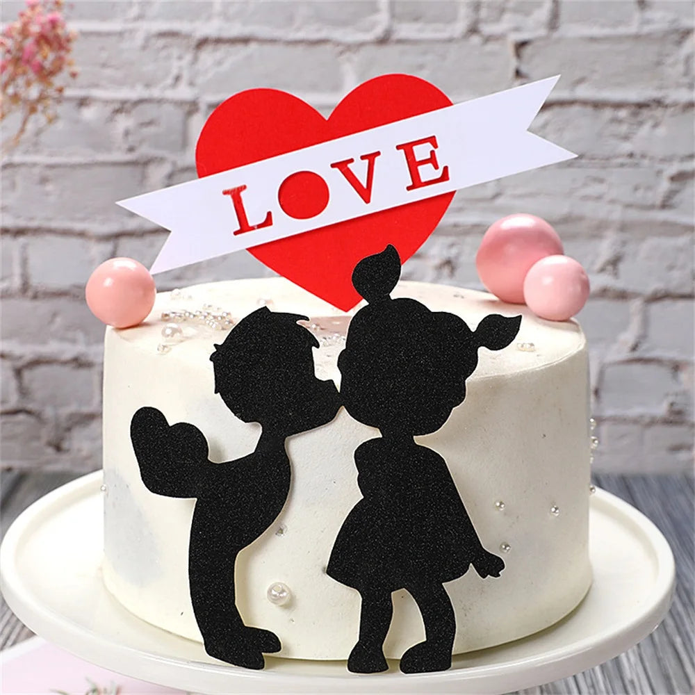 Cartoon Lover Couple Cake Toppers Valentines Day Wedding Party Decorations Cupcake Decors Love Hearts Engagement Gifts Decor