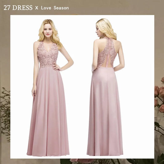 Babyonlinedress Sexy V Neck Dusty Rose Lace Chiffon Long Evening Dress Elegant Sleeveless Evening Gowns with Pearls Abendkleid