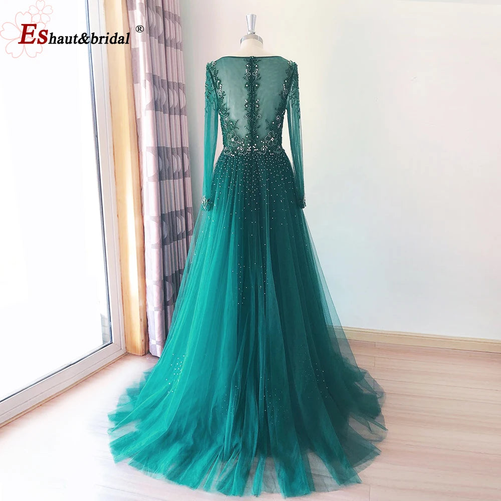 Elegant Mermaid Evening Night Dress for Women 2023 Long Sleeves V Neck Luxury Crystal Tulle Formal Prom Wedding Party Gowns