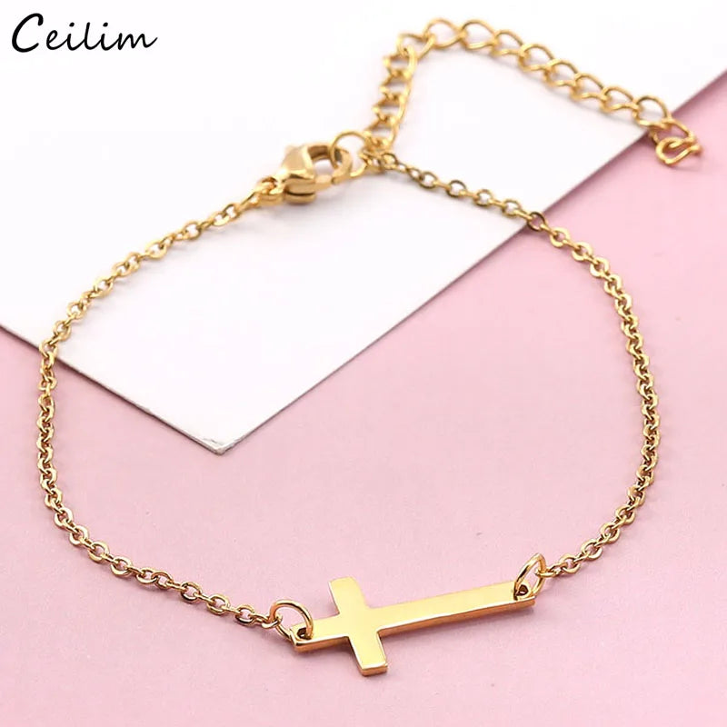 2022 New Stainless Steel Cross Charm Bracelet for Women Fashio Link Chain Friendship Bracelets Religious Valentines Day Jewelry