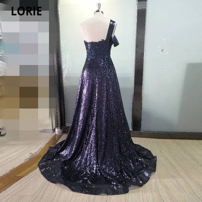 LORIE Shiny Navy Blue Formal Evening Gowns Plus Size 2021 Glitter Sequined One Shoulder Sleeve Long Prom Beach Party Dresses