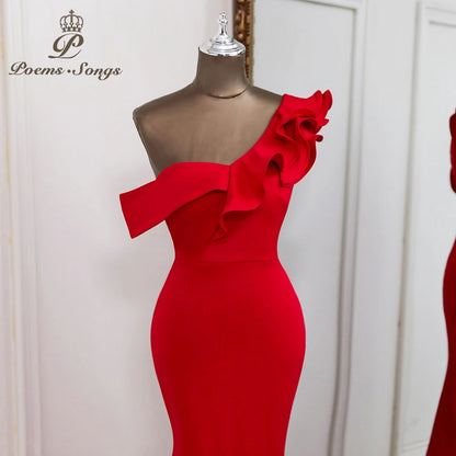 Sexy one shoulder red evening dress vestido de festa evening gowns elegant formal party dresses women evening prom dresses