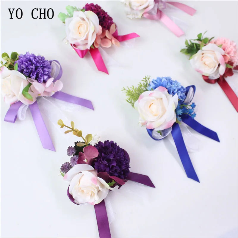 YO CHO Men Boutonniere Bridal Wrist Corsage DIY Silk Rose Bracelet Personal Flower Accessories for Wedding Party Prom Business