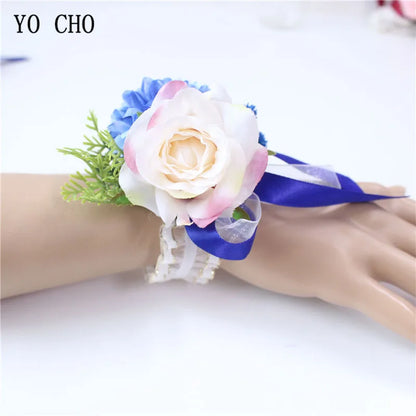 YO CHO Men Boutonniere Bridal Wrist Corsage DIY Silk Rose Bracelet Personal Flower Accessories for Wedding Party Prom Business