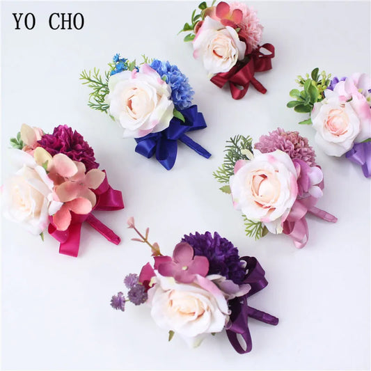 YO CHO Men Boutonniere Bridal Wrist Corsage DIY Silk Rose Bracelet Personal Flower Accessories for Wedding Party Prom Business