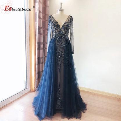 Elegant Mermaid Evening Night Dress for Women 2023 Long Sleeves V Neck Luxury Crystal Tulle Formal Prom Wedding Party Gowns