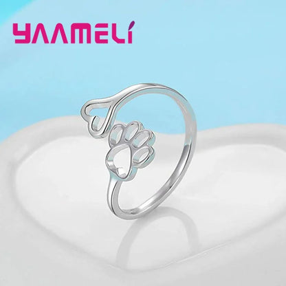 925 Sterling Silver Opening Adjustable Dog Cat Footprints Finger Rings for Men Women Boy Girl Party Jewelry Christmas Gifts