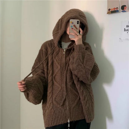 Women Autumn Winter Oversize Knitted Cardigan Casual 2022 Hooded Twist Sweater Zipper Long Sleeve Crochet Outerwear