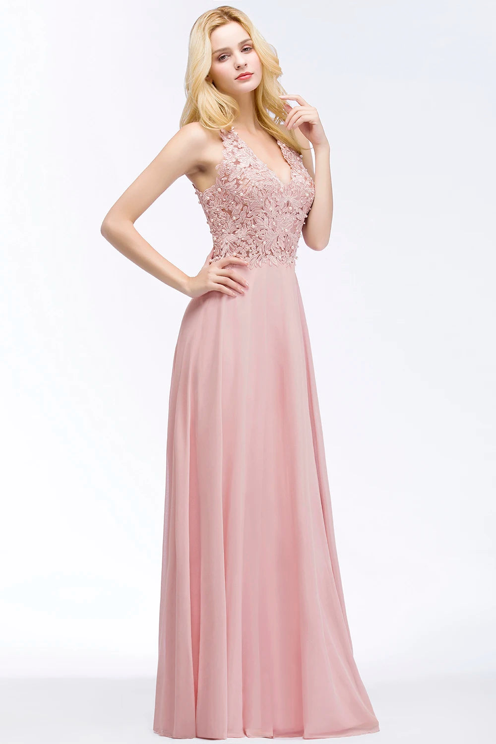 FATAPAESE Sexy V Neck Lace Floral Appliques Long Pink Evening Dress Pearls Backless Party Dresses Formal Dress Bridesmaid Gown