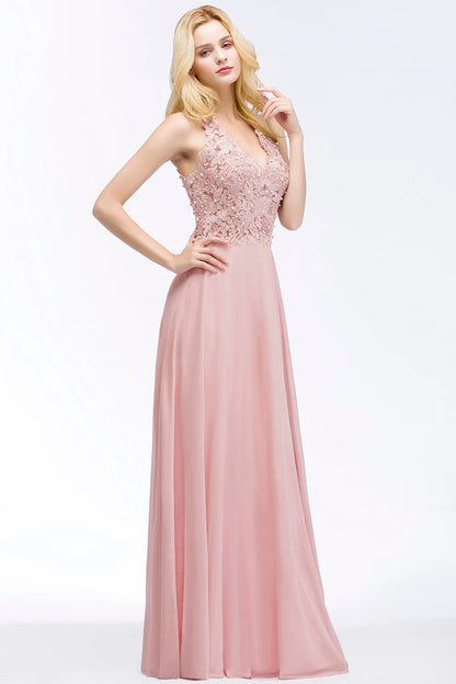 FATAPAESE Sexy V Neck Lace Floral Appliques Long Pink Evening Dress Pearls Backless Party Dresses Formal Dress Bridesmaid Gown