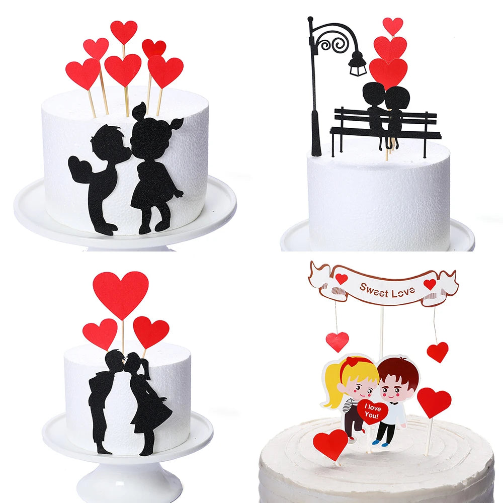 Cartoon Lover Couple Cake Toppers Valentines Day Wedding Party Decorations Cupcake Decors Love Hearts Engagement Gifts Decor