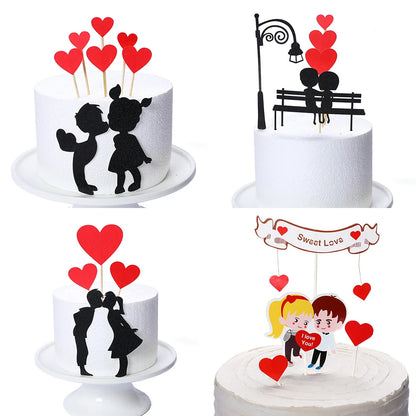 Cartoon Lover Couple Cake Toppers Valentines Day Wedding Party Decorations Cupcake Decors Love Hearts Engagement Gifts Decor