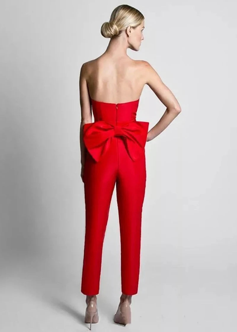 Red Jumpsuit Evening Dresses With Detachable Skirt 2024 Sweetheart Formal Pants Suit Prom Party Gown With Bow Sleeveless