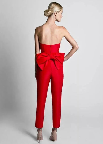 Red Jumpsuit Evening Dresses With Detachable Skirt 2024 Sweetheart Formal Pants Suit Prom Party Gown With Bow Sleeveless