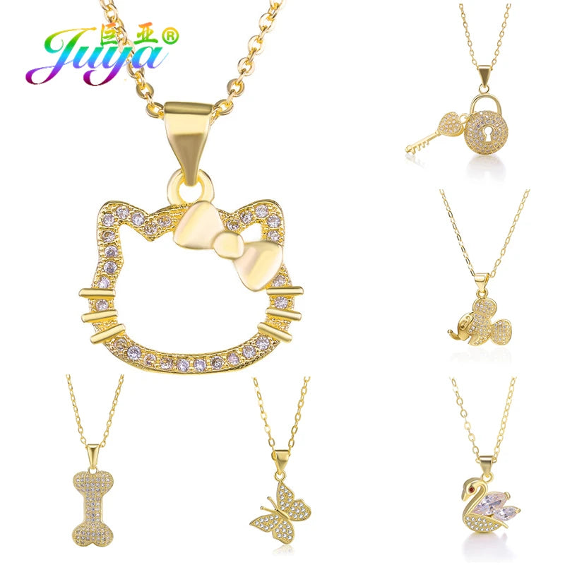 Juya Handmade Fashion Jewelry Supplies Micro Pave Zircon Butterfly Cat Dog Pendant Necklace For Women Birthday Christmas Gift