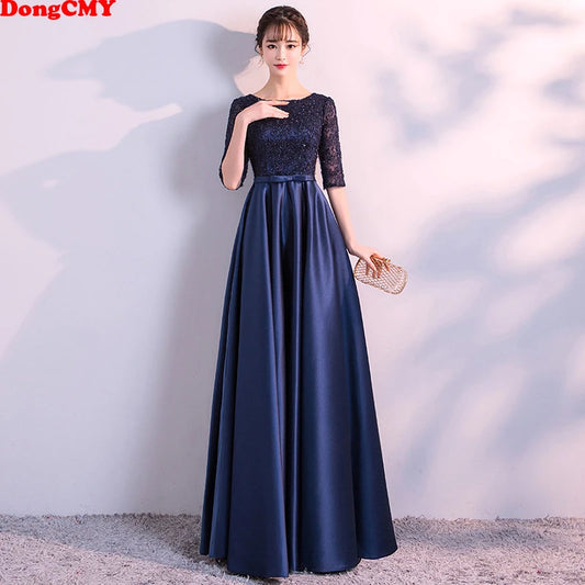 DONGCMY NEW 2024 LONG FORMAL EVENING DRESSES ELEGANT LACE SATIN NAVY BLUE VESTIDOS WOMEN PARTY GOWN