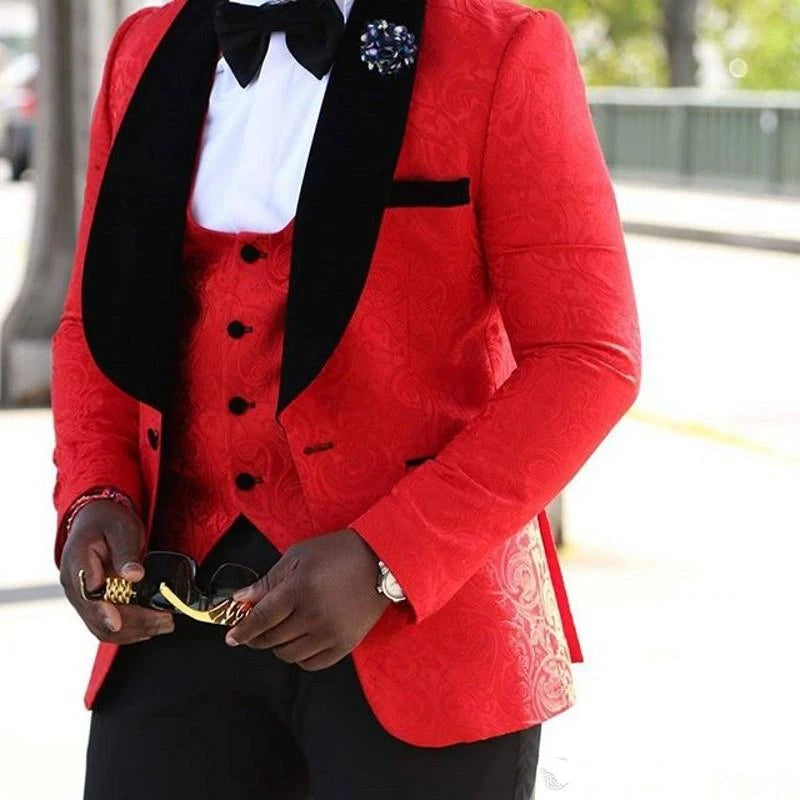 Classical Style Costume Groomsmen Shawl Lapel Groom Tuxedos Red/White/Black Men Suits Wedding Man Blazer (Jacket+Pants+Tie+Vest)