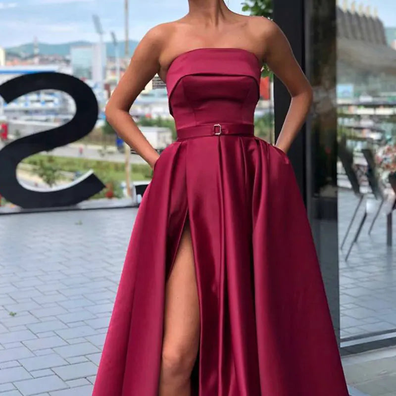 New Arrival Evening Prom Party Dresses Vestido De Festa Gown Robe De Soiree Pink Satin Sexy Strapless Long Gown Formal Dress