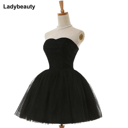 Ladybeauty New arrival elegant women short prom dress black lace up princess sweetheart beading fashion women black prom dress