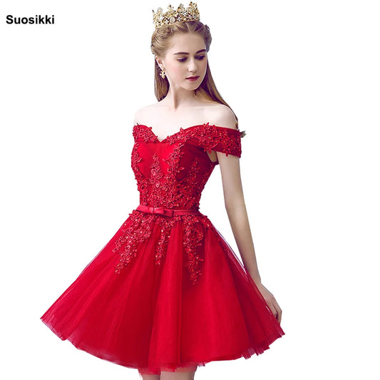 Sexy Red Lace Elegant Knee Length Prom Dresses 2018 New Arrived Women Beading A Line short Evening Party Dress With Bow