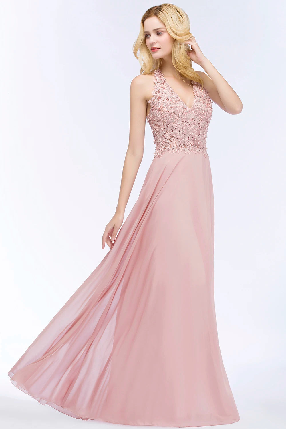 Babyonlinedress Sexy V Neck Dusty Rose Lace Chiffon Long Evening Dress Elegant Sleeveless Evening Gowns with Pearls Abendkleid