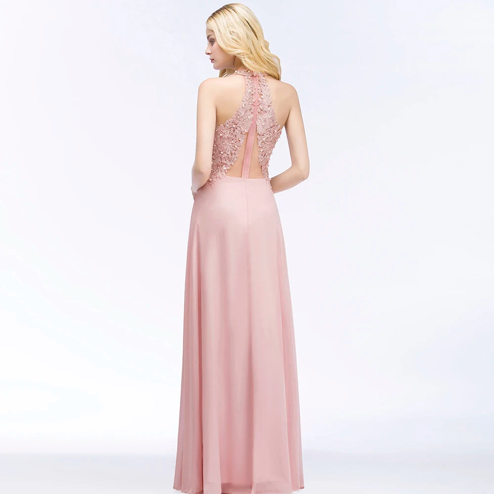 Babyonlinedress Sexy V Neck Dusty Rose Lace Chiffon Long Evening Dress Elegant Sleeveless Evening Gowns with Pearls Abendkleid