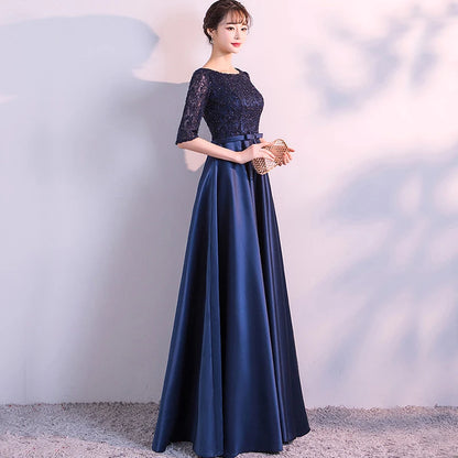 DONGCMY NEW 2024 LONG FORMAL EVENING DRESSES ELEGANT LACE SATIN NAVY BLUE VESTIDOS WOMEN PARTY GOWN