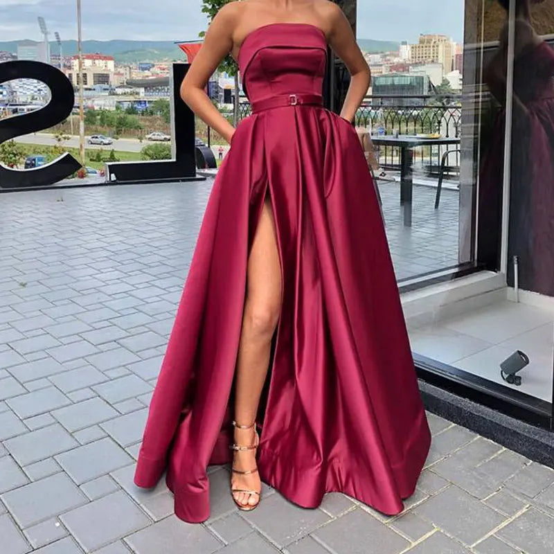 New Arrival Evening Prom Party Dresses Vestido De Festa Gown Robe De Soiree Pink Satin Sexy Strapless Long Gown Formal Dress