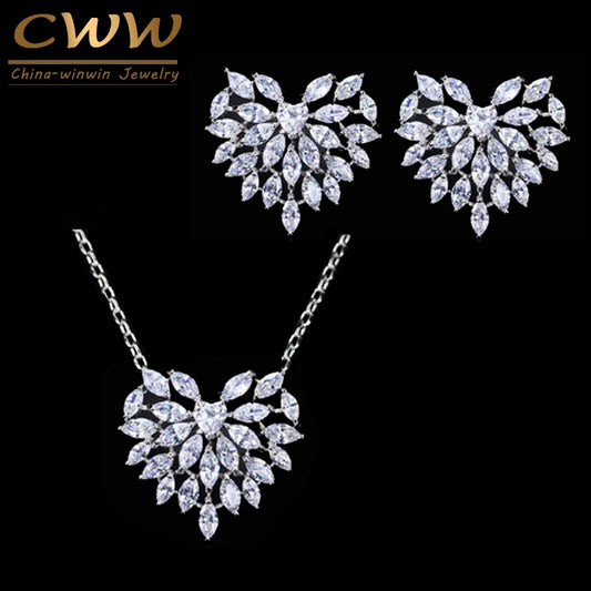 CWWZircons Cute Romantic Heart Shape Cubic Zirconia Earring Necklace Set Fashion Jewelry For Women Valentines Day Gift T066