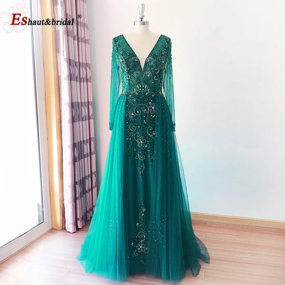 Elegant Mermaid Evening Night Dress for Women 2023 Long Sleeves V Neck Luxury Crystal Tulle Formal Prom Wedding Party Gowns