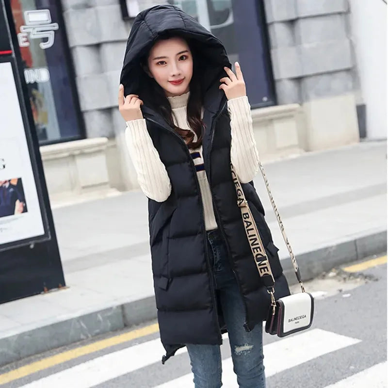 2023 New Women's Vest Jacket Down Cotton Vest Autumn Winter Jacket Hooded Long Coat Sleeveless Loose Female Waistcoat Snow Wear